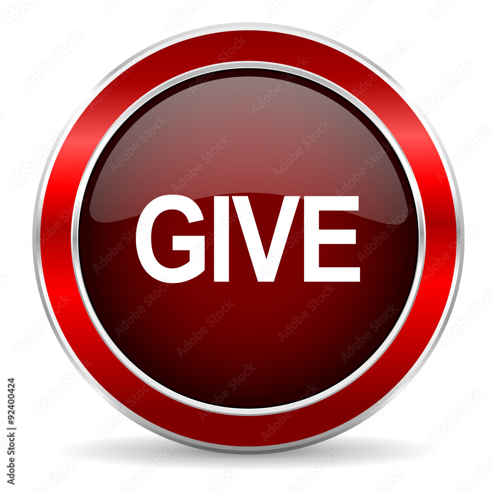 Poster give red circle glossy web icon, round button with metallic border