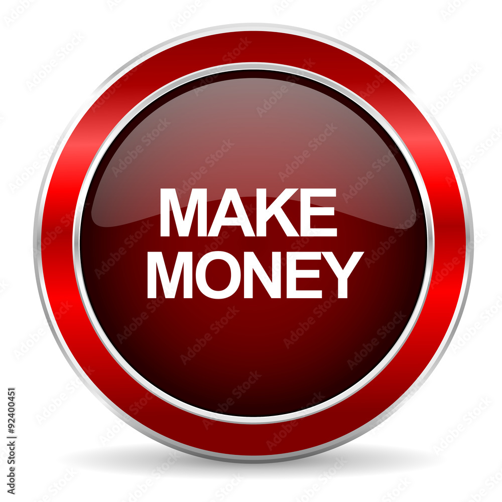 Poster make money red circle glossy web icon, round button with metallic border