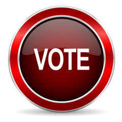 vote red circle glossy web icon, round button with metallic border