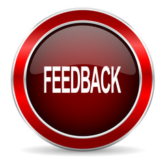 feedback red circle glossy web icon, round button with metallic border