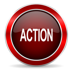 action red circle glossy web icon, round button with metallic border