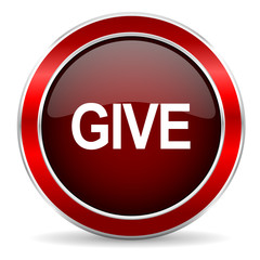 give red circle glossy web icon, round button with metallic border