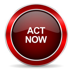 act now red circle glossy web icon, round button with metallic border