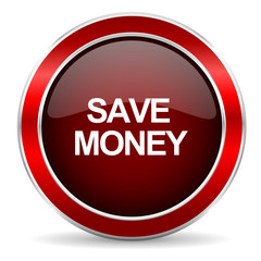 save money red circle glossy web icon, round button with metallic border