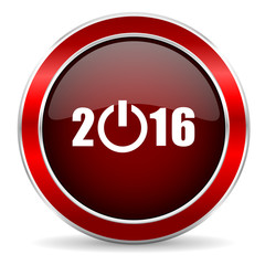 year 2016 red circle glossy web icon, round button with metallic border