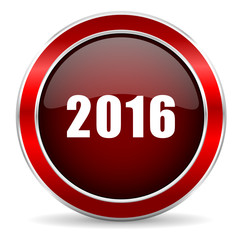 year 2016 red circle glossy web icon, round button with metallic border
