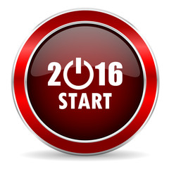 year 2016 red circle glossy web icon, round button with metallic border