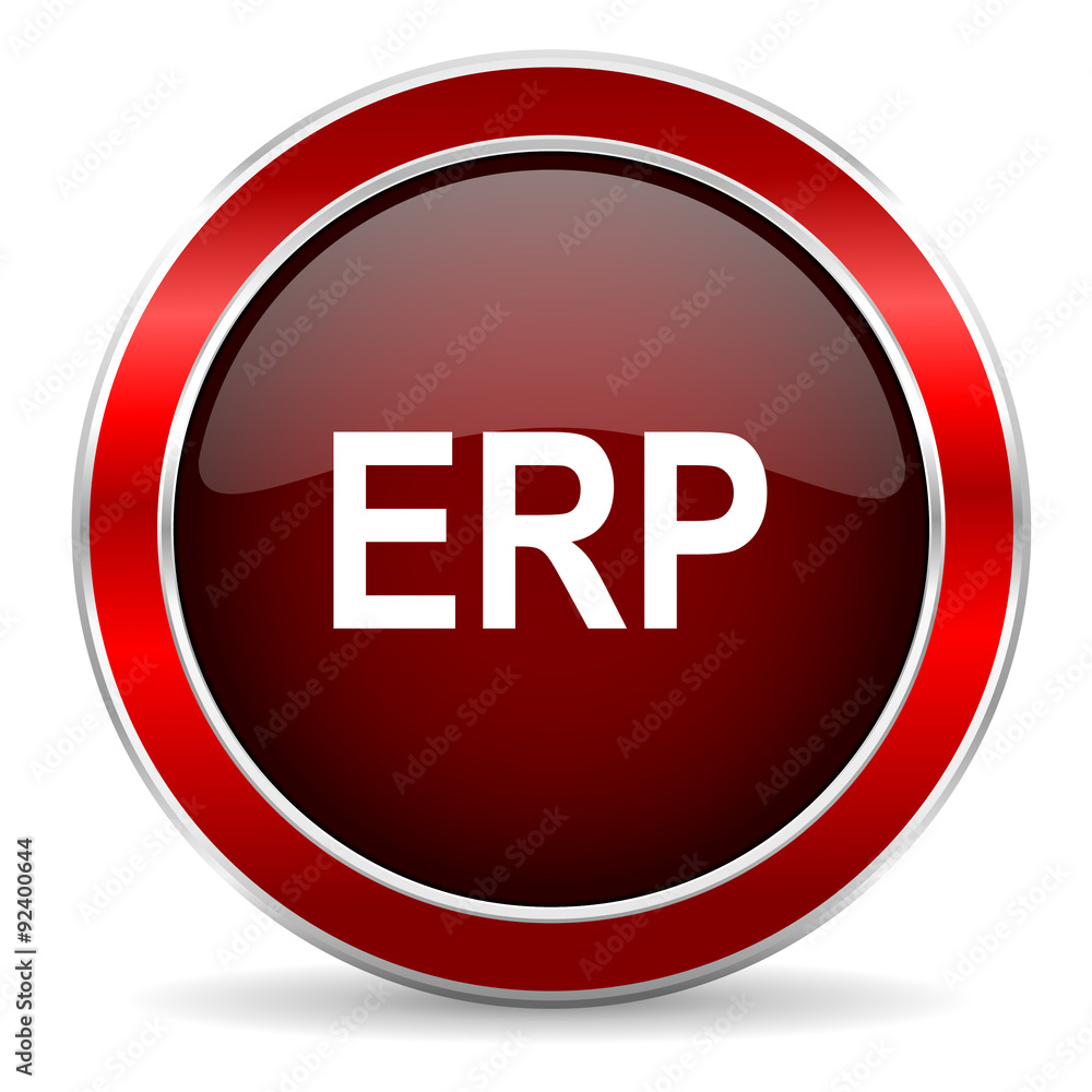 Poster erp red circle glossy web icon, round button with metallic border