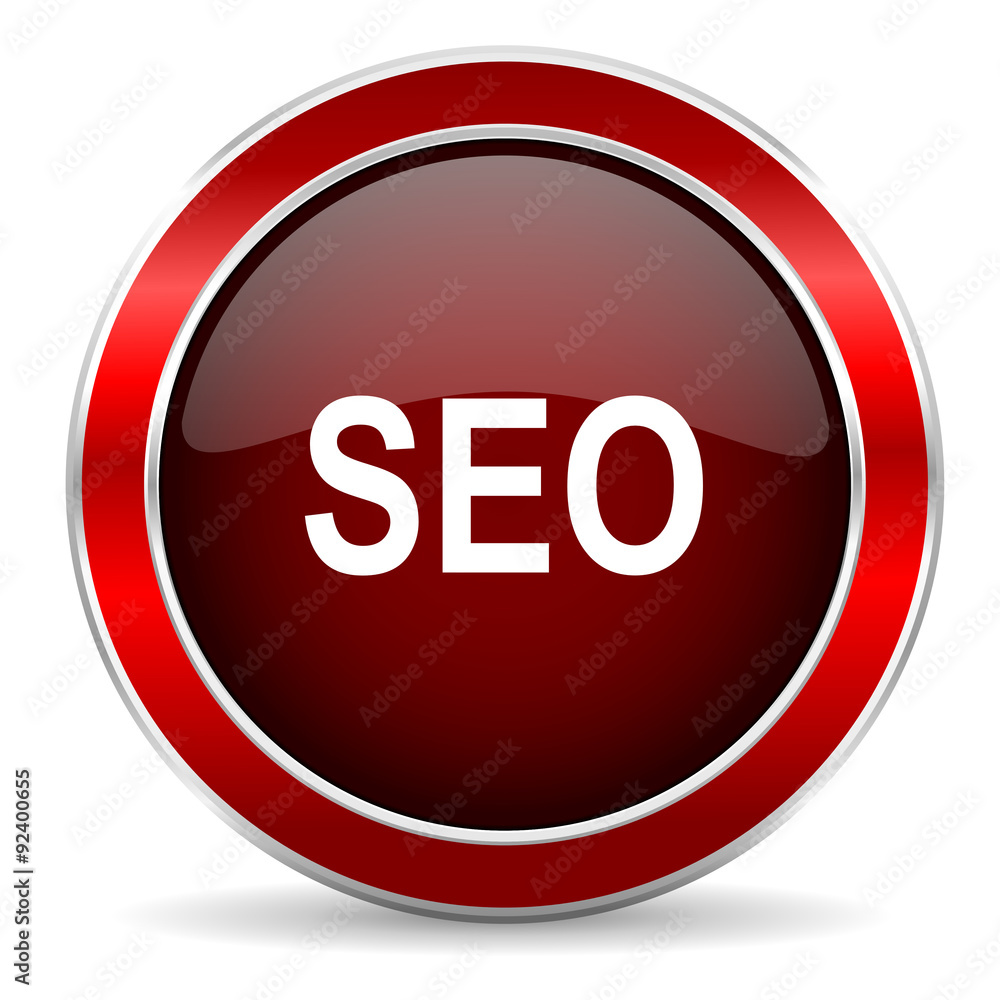 Poster seo red circle glossy web icon, round button with metallic border