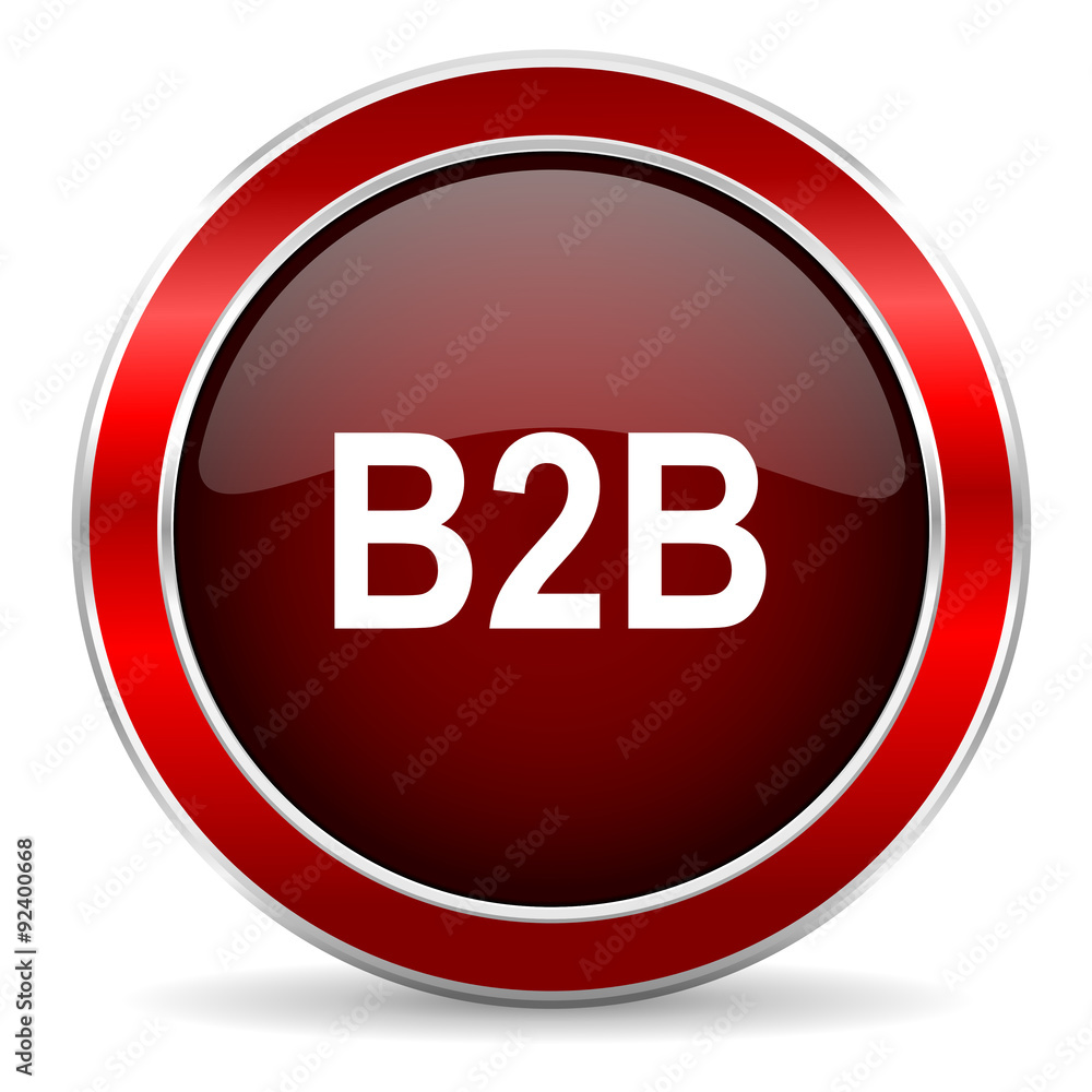 Poster b2b red circle glossy web icon, round button with metallic border