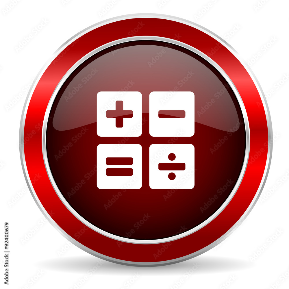 Poster calculator red circle glossy web icon, round button with metallic border