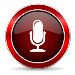 microphone red circle glossy web icon, round button with metallic border