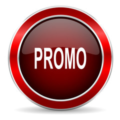promo red circle glossy web icon, round button with metallic border