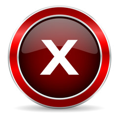 cancel red circle glossy web icon, round button with metallic border