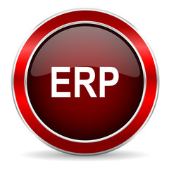 erp red circle glossy web icon, round button with metallic border