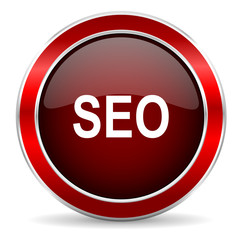 seo red circle glossy web icon, round button with metallic border