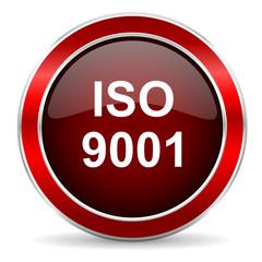 iso 9001 red circle glossy web icon, round button with metallic border