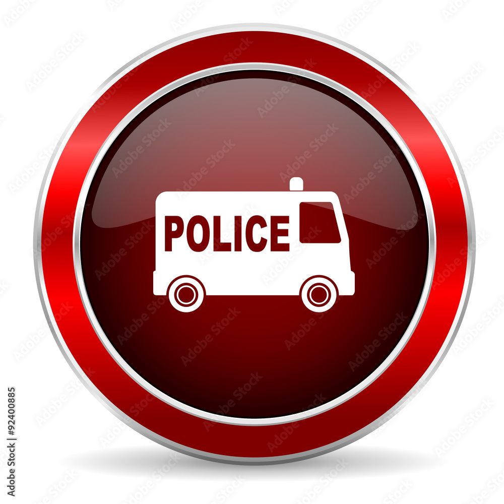 Poster police red circle glossy web icon, round button with metallic border