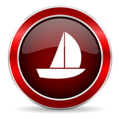 yacht red circle glossy web icon, round button with metallic border