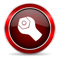 tools red circle glossy web icon, round button with metallic border
