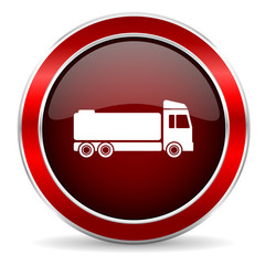 truck red circle glossy web icon, round button with metallic border
