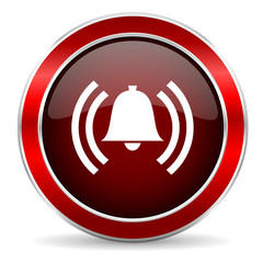 alarm red circle glossy web icon, round button with metallic border