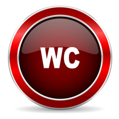 toilet red circle glossy web icon, round button with metallic border