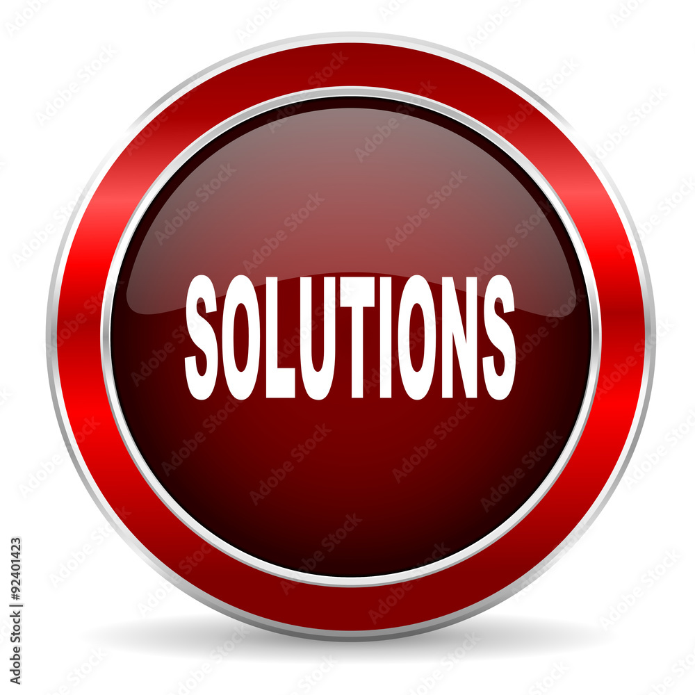 Poster solutions red circle glossy web icon, round button with metallic border