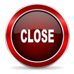 close red circle glossy web icon, round button with metallic border