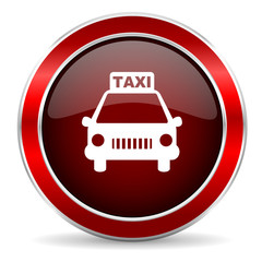 taxi red circle glossy web icon, round button with metallic border