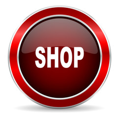 shop red circle glossy web icon, round button with metallic border