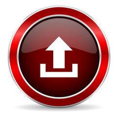 upload red circle glossy web icon, round button with metallic border