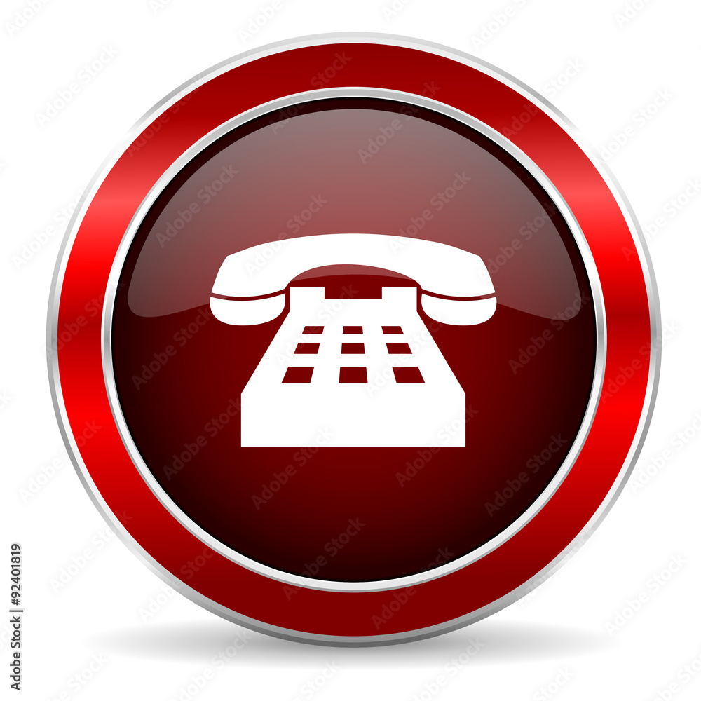 Poster phone red circle glossy web icon, round button with metallic border