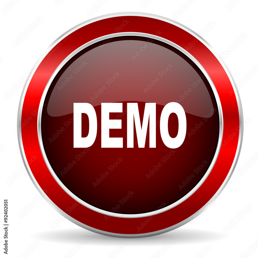 Poster demo red circle glossy web icon, round button with metallic border