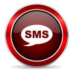 sms red circle glossy web icon, round button with metallic border