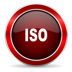 iso red circle glossy web icon, round button with metallic border