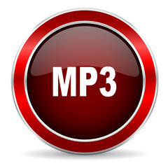 mp3 red circle glossy web icon, round button with metallic border
