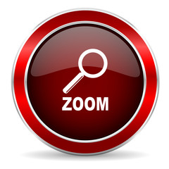 zoom red circle glossy web icon, round button with metallic border