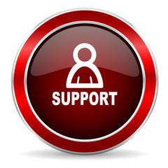 support red circle glossy web icon, round button with metallic border