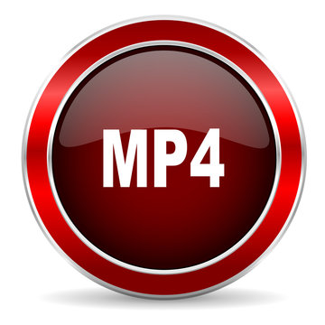 mp4 red circle glossy web icon, round button with metallic border