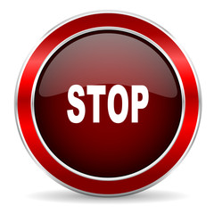 stop red circle glossy web icon, round button with metallic border
