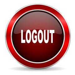 logout red circle glossy web icon, round button with metallic border