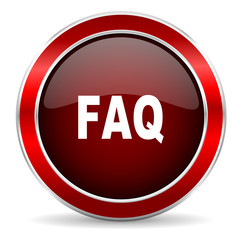 faq red circle glossy web icon, round button with metallic border