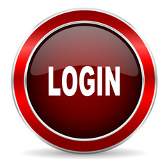 login red circle glossy web icon, round button with metallic border