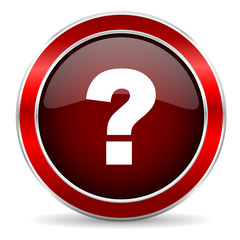 question mark red circle glossy web icon, round button with metallic border