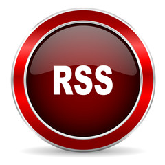 rss red circle glossy web icon, round button with metallic border