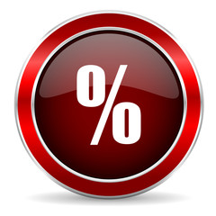 percent red circle glossy web icon, round button with metallic border