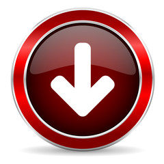 download arrow red circle glossy web icon, round button with metallic border