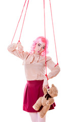 woman girl stylized like marionette puppet on string