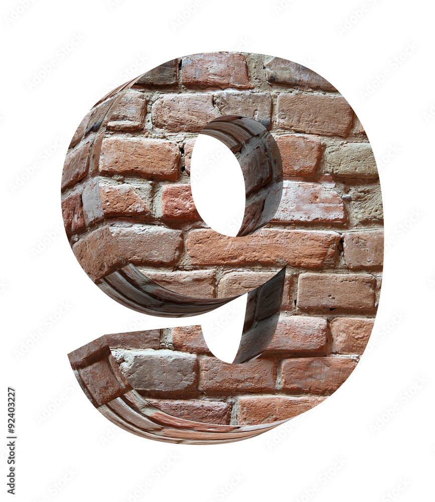 Fototapete number from old brick alphabet set isolated over white. computer generated 3d photo rendering.